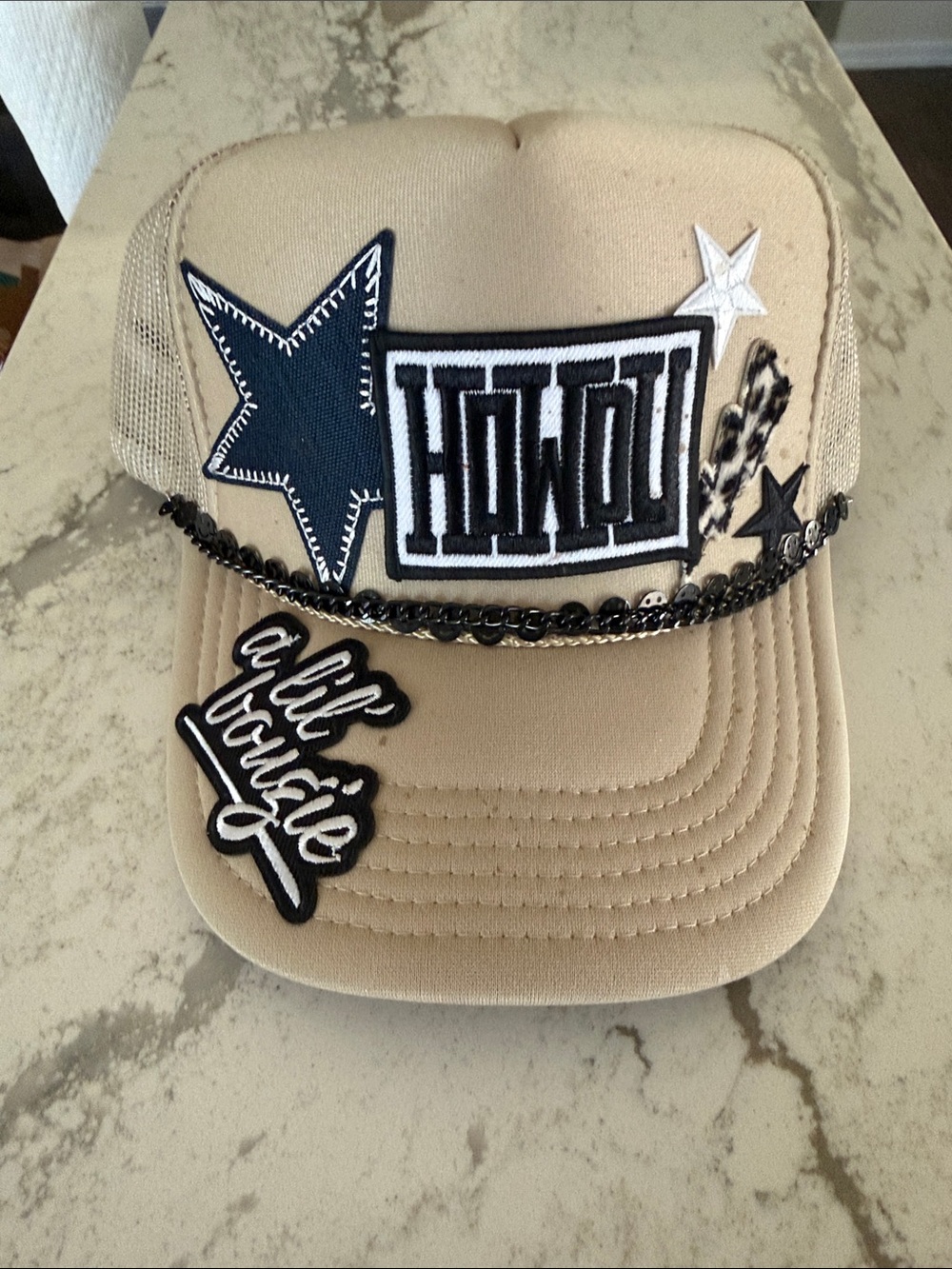 Women’s Beige Embellished Trucker Hat
